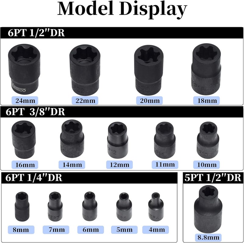Yuesstloo 15Pcs Torx Plus Socket Set, External Torx Plus Socket Set, 6 Point EP Socket EP4 - EP24 With 1/2'' 3/8'' 1/4'' Dr, Replacement for E-TORX, Works with Most Cars and Tesla - Image 2